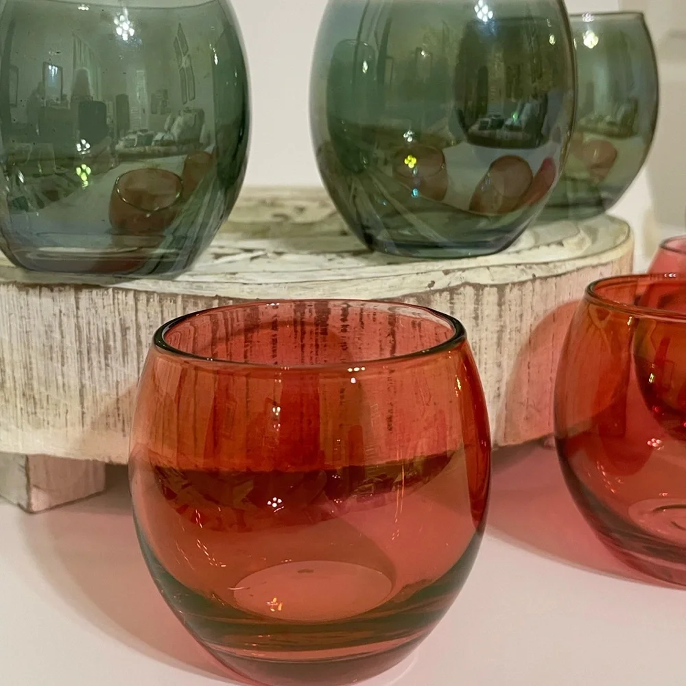 CRATE & BARREL Set/6 round green and red opaque tea light candle votive holders